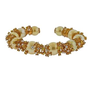 Porrati South Sea Pearl Yellow Sapphire Diamond Gold Cuff Bracelet