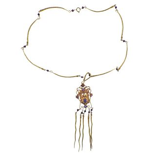 Antique 18k Gold Sapphire Ruby Garnet Pendant Necklace