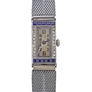 Art Deco Sapphire Cresarrow Watch Co. 18k Gold Stainless Steel Manual Wind Ladies Watch 