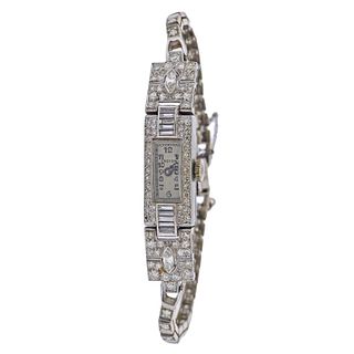 Art Deco Croton Diamond 14k Gold Platinum Ladies Manual Wind Wristwatch