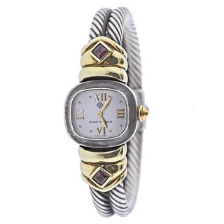 David Yurman 14k Gold Sterling Silver Garnet Quartz Watch 