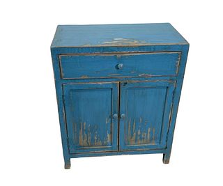 DISTRESSED BLUE TWO DOOR CABINET WITH ONE DRAWER