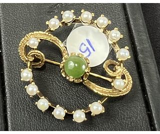 ANTIQUE 14kt. YELLOW-GOLD GREEN JADE/PEARL PENDANT