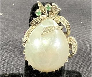 ANTIQUE 10kt WHITE-GOLD PEARL/DIAMOND/EMERALD RING