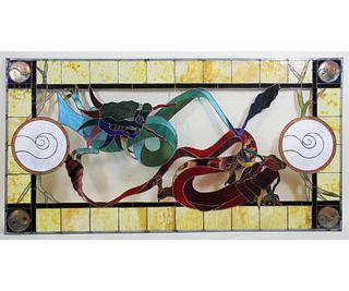 CHINESE TWIN DRAGON YING-YANG STAINED GLASS WINDOW