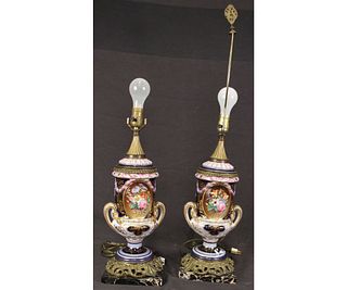 PAIR OF PAINTED PORCELAIN URN LAMPS