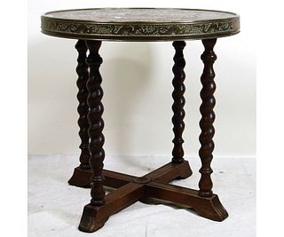 TURNED BASE GILT METAL TOP ACCENT TABLE