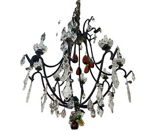 VINTAGE FRENCH IRON & CRYSTAL CHANDELIER