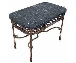VINTAGE IRON BASE MARBLE TOP TABLE
