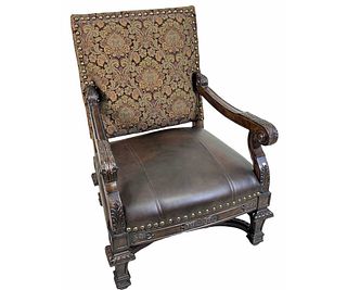 VINTAGE LEATHER SEAT TAPESTRY BACK ARMCHAIRS