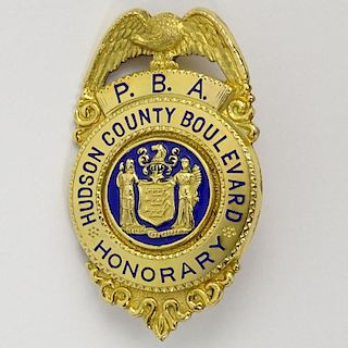 Vintage 10 Karat Yellow Gold Hudson County Boulevard Honorary Police Badge with Enamel Accents.