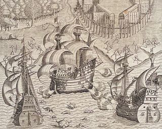 De Bry - Brazil - How we left Pernambuco for Buttugaris, where we fought a French ship (Turtles, Sea Monsters)