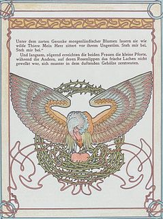 Mucha - Ornate Page: Women Gathered & Maple Leaves / Verso: Eagle with Heart in Nest