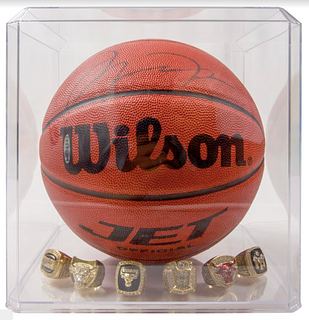 Michael Jordan Signed Basketball w/ Display Case & 6 Replica Bulls Championship Rings