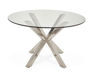 A contemporary chrome and glass dining table