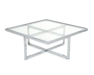 A Milo Baughman-style chrome and glass coffee table