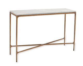A Restoration Hardware marble and brass console table