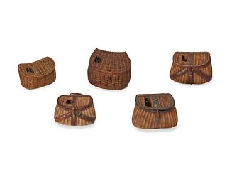A group of fly fishing wicker creel baskets
