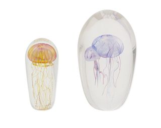 Two art glass jellyfish sculptures
