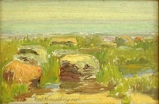 Carl Hirschberg, American  (1854-1923) Oil on cardboard "Lake Shore Landscape".