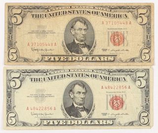 Lot of (2) 1963 $5 Five-Dollar Red Seal U.S. Legal Tender Notes