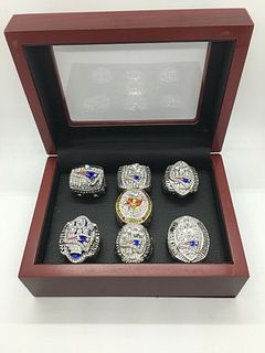 7 Pcs Tom Brady Super Bowl Championship Ring Set with Wooden Display Box