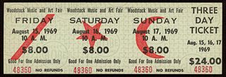 Woodstock Authentic Three Day Unused Ticket from August 15, 16, 17, 1969