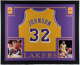 Magic Johnson Signed Lakers 35x43 Custom Framed Jersey Display (Beckett COA)