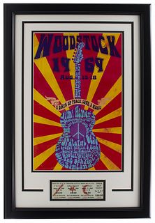 1969 Woodstock 16x23 Custom Framed ORIGINAL RAREPoster Display with Original 3 Day Ticket