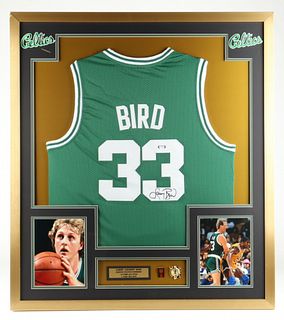 Larry Bird Signed 32x36 Custom Framed Jersey Display with HOF Pin & Celtics Pin (PSA)