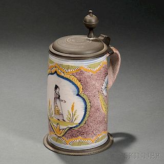Pewter-mounted Polychrome Delftware Tankard