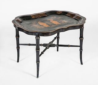 VICTORIAN STYLE BLACK TÔLE PEINTE TRAY ON LATER STAND