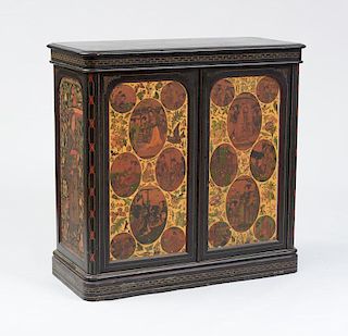 VICTORIAN EBONIZED AND DECOUPAGED DOUBLE SIDED CABINET