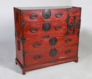 JAPANESE METAL-MOUNTED STAINED PINE TANSU