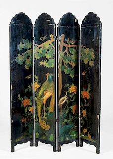 CHINESE BLACK LACQUER AND POLYCHROME FOUR-PANEL SCREEN