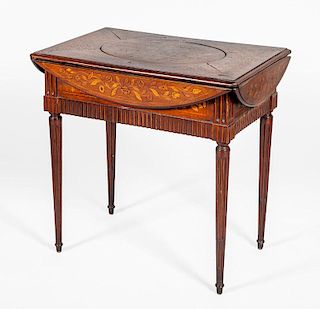 DUTCH NEOCLASSICAL STYLE MAHOGANY AND FRUITWOOD FLORAL MARQUETRY TABLE