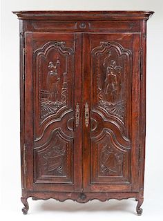 LOUIS XV STAINED AND CARVED FRUITWOOD ARMOIRE, POSSIBLY SPANISH