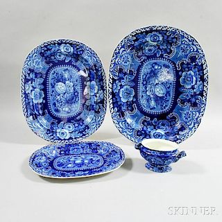 Four Stubbs Blue and White Transfer-decorated Items