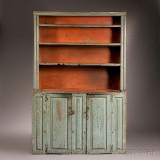 Blue- and Salmon-painted Slant-back Cupboard