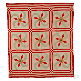 Red and White "Princess Feather" Patchwork Quilt
