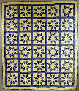 Yellow and Blue "Star Dahlia" Patchwork Cotton Quilt