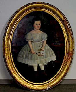 American School, 19th Century       Portrait of a Girl with a Racket and Shuttlecock.