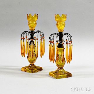 Pair of Amber Cut Glass Lustres