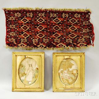 Two Framed Silk and Watercolor Needlework Pictures and a Small Tekke Mat.