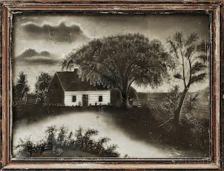 Framed Charcoal on Sandpaper Picture of a Cottage