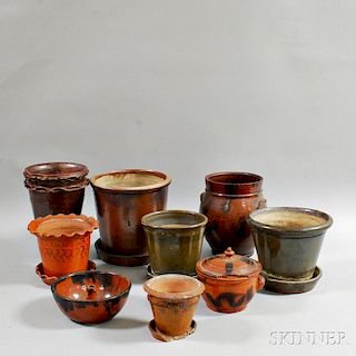 Seven Redware and Two Albany Slip-decorated Pottery Vessels
