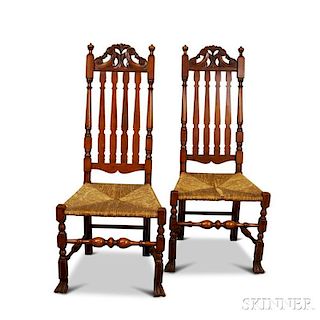 Pair of Wallace Nutting Carved Maple Banister-back Side Chairs