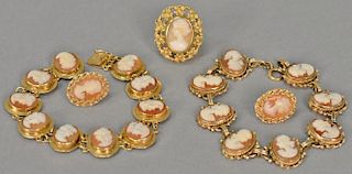 Five piece cameo lot with 18K ring and bracelet and 14K bracelet and pair of earrings. ring size 6 3/4; bracelet lgs. 7 in. and 7 1/...