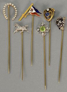 Six 14K gold stick pins including one diamond horse. 2 1/2 in. - 3 1/4 in.