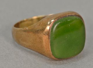 14K gold ring set with square green jade. 
ring size 6 1/2 7.4 grams total weight
